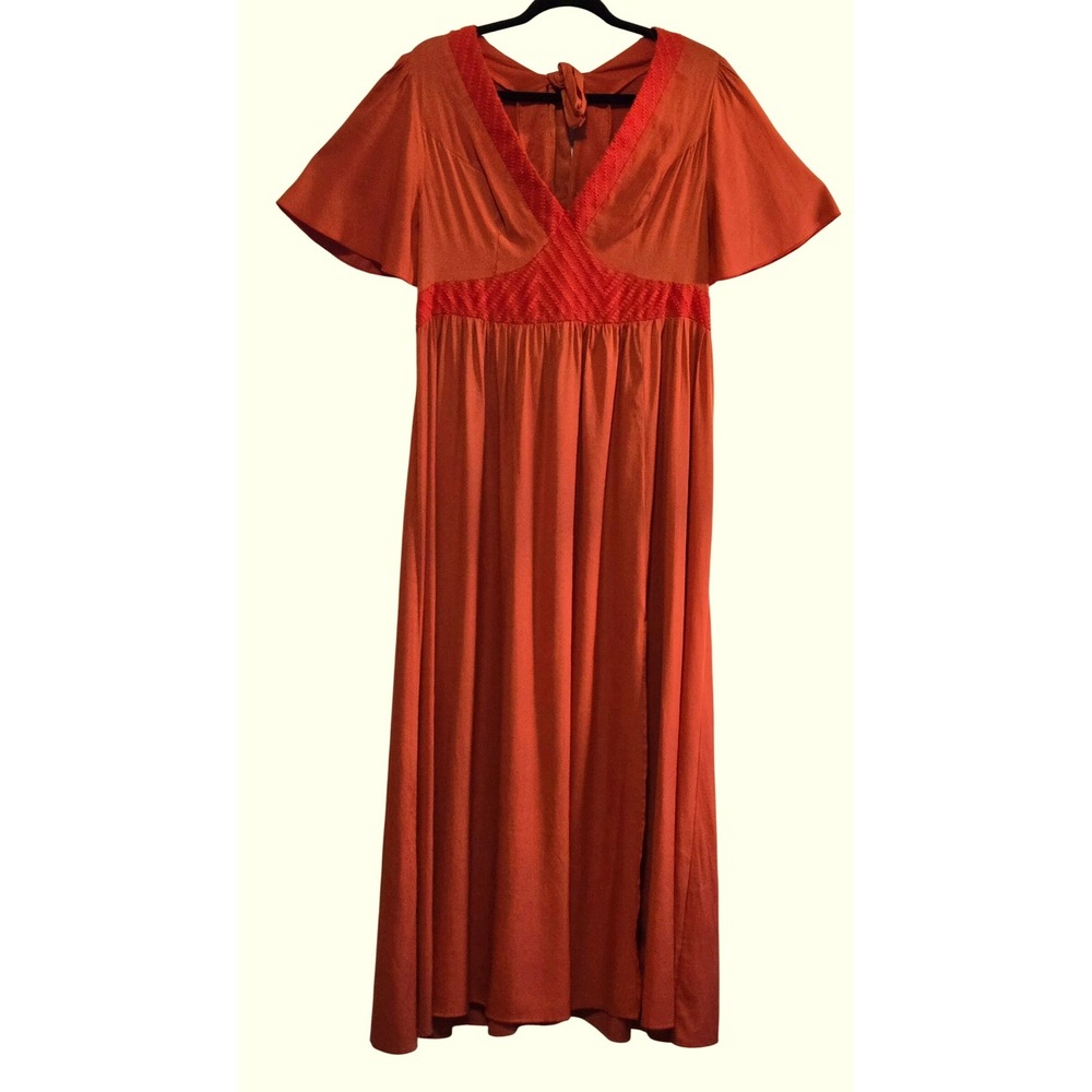 S Betro, Women's Rust Orange‎ Embroidered V-Neck Flutter Sleeve Maxi Dress 1XL